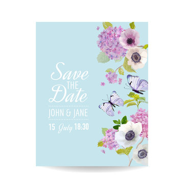 Save the Date Card Wedding Invitation Template. Botanical Card with Hydrangea Flowers and Butterflies. Greeting Floral Postcard. Vector illustration