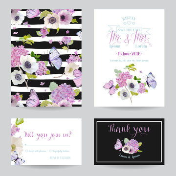 Wedding Invitation Template Set. Botanical Card with Hydrangea Flowers and Butterflies. Greeting Floral Postcard. Vector illustration