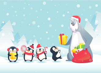 Polar bear gives gifts to penguins