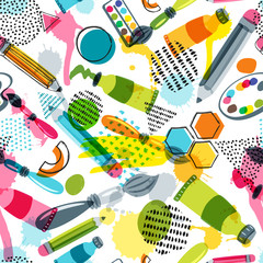 Art materials for craft design and creativity. Vector doodle seamless pattern. Creative background with pencils, brushes, watercolor paints and other items for handmade activity. - 182200700