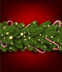 Christmas background with fir branch and stars.