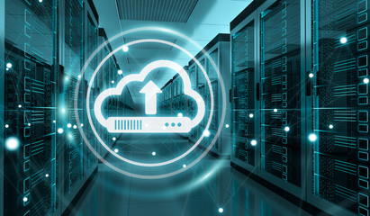 Cloud icon downloading datas in server room center 3D rendering