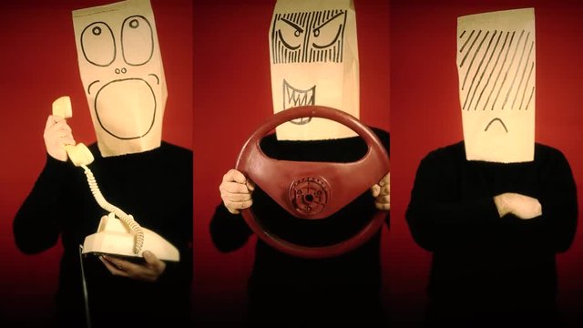 Breadbag faces with different expressions: concentrated at the phone, angry while driving, dumbfounded.
