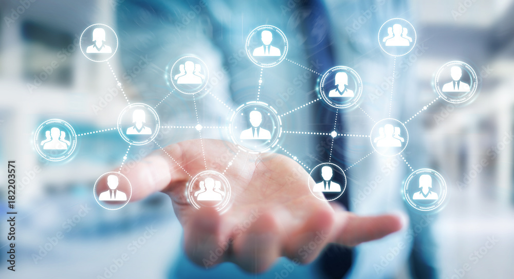 Aufkleber Businessman using social network connection 3D rendering