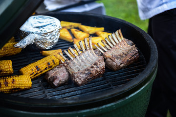 Barbecue ribs and corn on the grill 