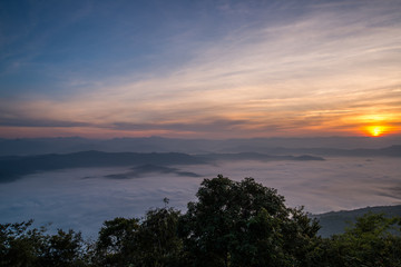 Fototapeta na wymiar Dawn of Sea Mist on the top of Sierra, Doi Samer-Dao, Nan, Northern of Thailand