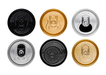 Aluminium soda drink tins top view isolated