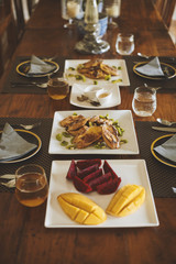 Close up dishes and tableware with vegetarian meal and morning food