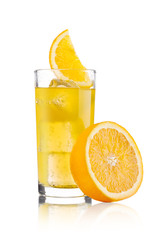 Glasses with orange soda drink and ice cubes