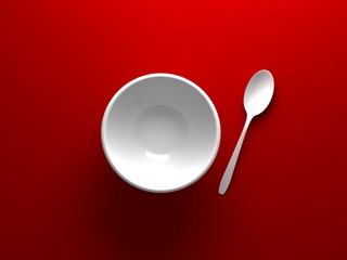 White Bowl and spoon placed on red background from top view 