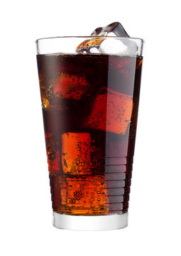 Glass of cold cola soda drink with ice cubes