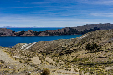 View across La isla del Sol with blue Sky water and trees Lake T