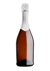 Bottle of pink rose champagne on white
