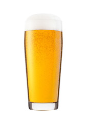 Cold glass of lager beer with foam and dew