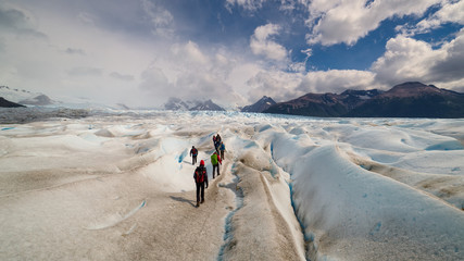 Trekking on Perito Moreno Glacier, the most famous in Los Glaciares National Park, El Calafate,...