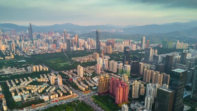 shenzhen cityscape sunset sky downtown aerial panorama 4k timelapse china
