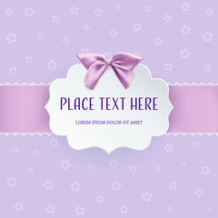 Fototapeta na wymiar Cutout 3D paper figure frame label with pink satin bow and ribbon on the purple background with dotted stars. Invitation, greeting card or baby shower template. Clean and minimal design. Vector.