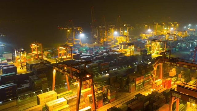 china night time illuminated shenzhen city famous port aerial panorama 4k timelapse
