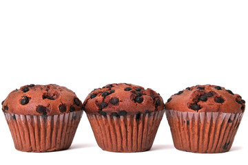 Muffin chocolate chip cup cake or cupcake three several in a row line isolated on white background photo