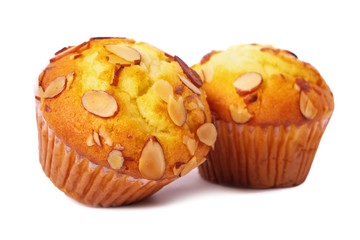 Muffin almond vanilla cup cake or cupcake two in a row line isolated on white background photo