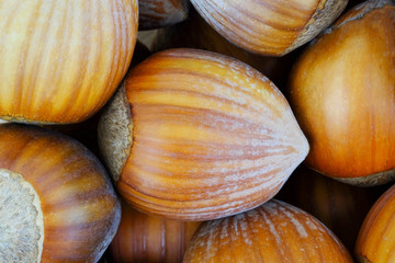 Stack of hazelnuts, macro.