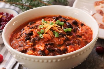 Homemade Turkey Chili with beans and scallions / Thanksgiving Leftovers