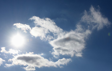 Fototapeta na wymiar 太陽と青空と雲「空想・雲のモンスターたち」（家族を温かく包み込む光、家族を照らす光、幸福の追求、みんなで一緒に、日当たり良好などのイメージ）