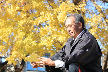 イチョウの木の下で読書する男性