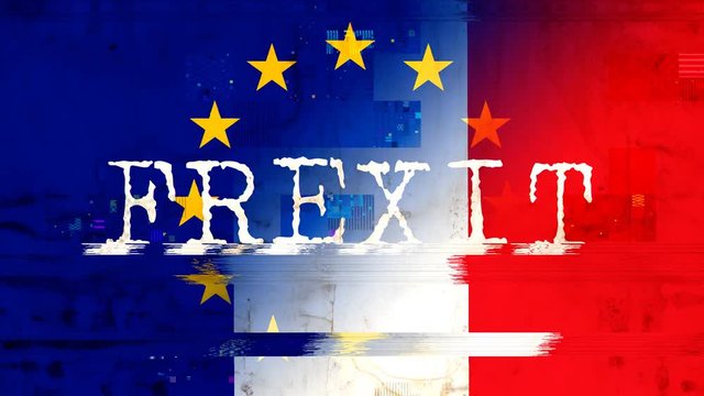 The words Frexit, are you ready?, appearing with digital noise and glitches over the mixed flags of Europe and France. Vintage texture.
