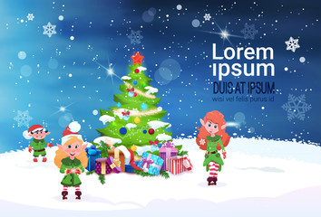 Naklejka premium Winter Holidays Background Merry Christmas Concept Banner With Copy Space Fir Tree and Elf Decoration Flat Vector Illustration
