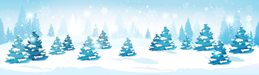Obraz premium Winter Forest Landscape Snowy Pine Trees Horizontal Banner Flat Vector Illustration