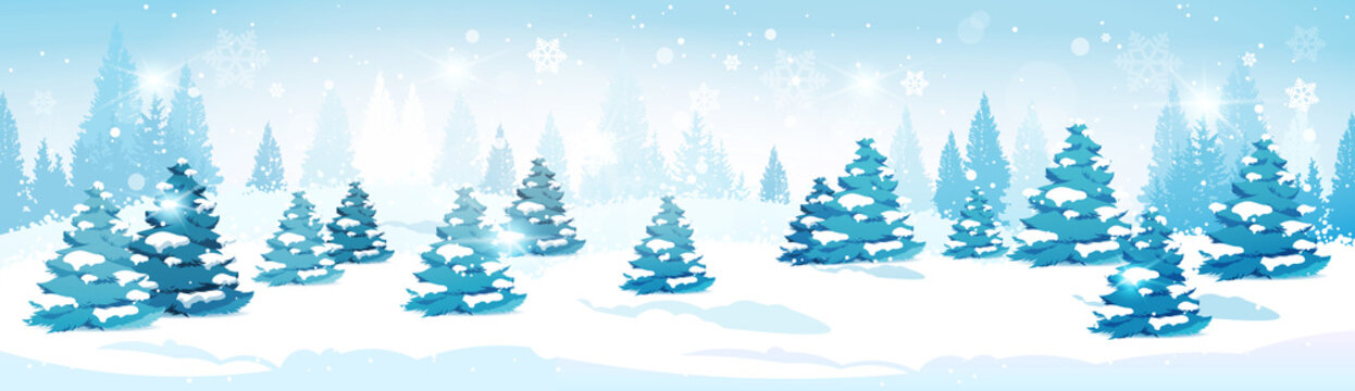 Winter Forest Landscape Snowy Pine Trees Horizontal Banner Flat Vector Illustration