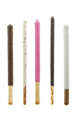 set of biscuit sticks coated with chocolate isolated on white background