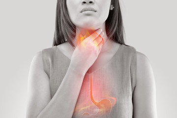 Woman Suffering From Acid Reflux Or Heartburn-Isolated On White Background - obrazy, fototapety, plakaty