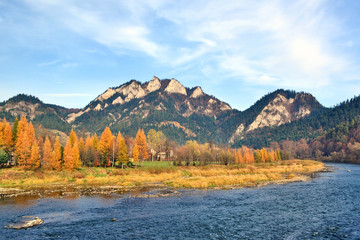 Three Crowns peak and Dunajec river in Pieniny mountains at autumn