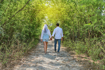 Asian couple photographed before marriage is Pre-wedding on Koh Si Chang Island.