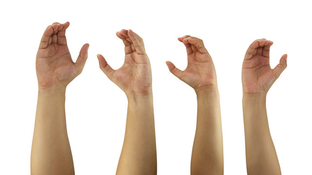 Hand of man and woman in gesture of gripping device isolated on white background.