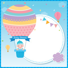 Baby shower card for newborn design with baby boy on cute hot air balloon on pink sky background.