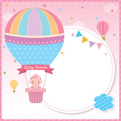 Baby shower card for newborn design with baby girl on cute hot air balloon on pink sky background.