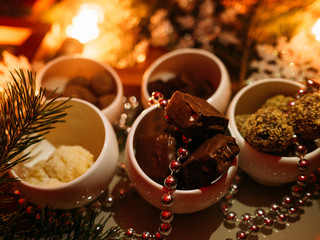 Chocolate sweet truffle. Festive dessert. New year magic atmosphere background