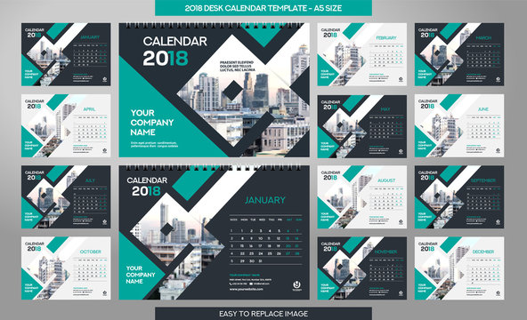 Desk Calendar 2018 template - 12 months included - A5 Size