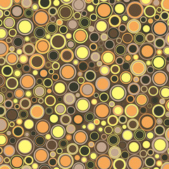 Geometric background. The round elements of various sizes and colors are placed on brown.