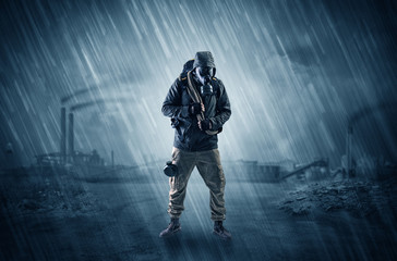 Fototapeta premium Gas masked men in demolished environment