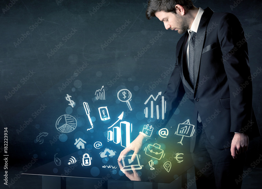 Aufkleber man touching technology smart table with business icons
