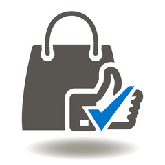 Shopping Bag Thumb Up Check Mark Icon Vector. Good Shop Logo. Craft Package Like Tick Illustration. Gift Box Symbol.