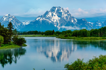 Mountains in Grand Teton National Park at dawn. Oxbow Bend on the Snake River.