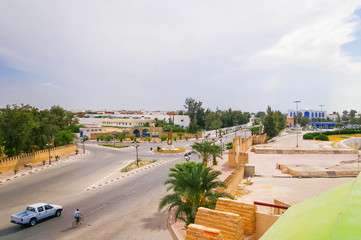Suburbs of  Kairouan city, Tunisia. Panorama view of crossroads from above.