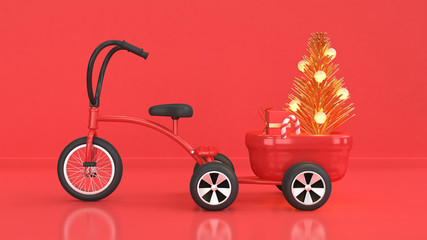 kid tricycle truck abstract christmas tree light decoration christmas new year concept 3d rendering