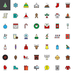 Merry Christmas and Happy New Year filled outline icons set, line vector symbol collection, linear colorful pictogram pack isolated on white. Signs, logo illustration, web vector graphics