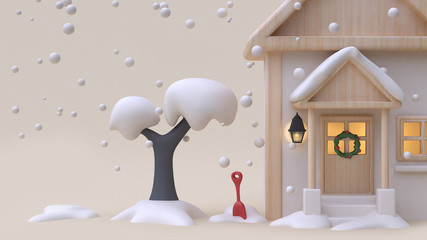 abstract house wood toy winter new year concept with snow window light 3d rendering